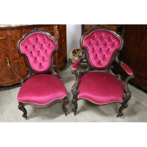 884 - Antique well carved English mahogany grandfather and grandmother chairs (2)