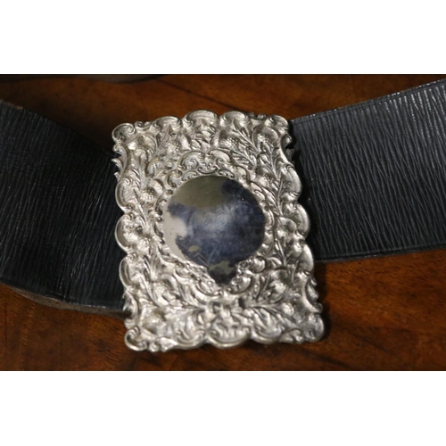 810 - Antique cast white metal belt buckle with original leather belt