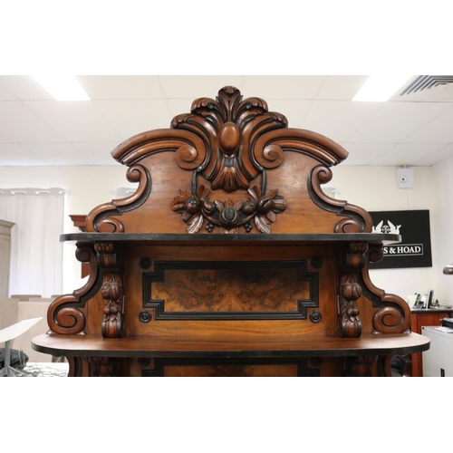863 - Antique European walnut buffet sideboard, with carved open shelf back, ebonized trim, approx 215cm H... 