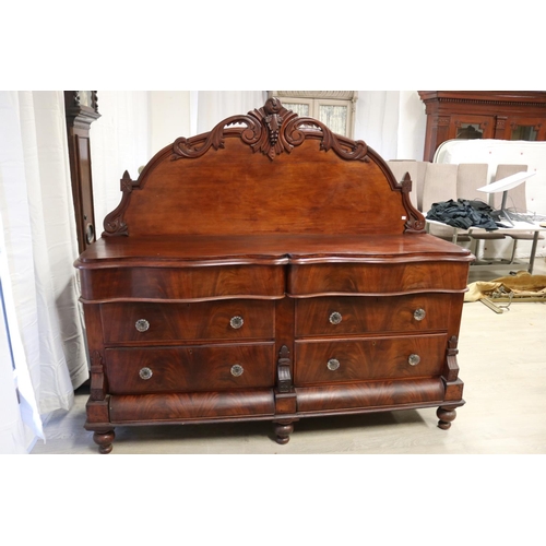866 - Antique English flambe mahogany Lancashire dresser. Serpentine top drawer fronts, over long drawers ... 