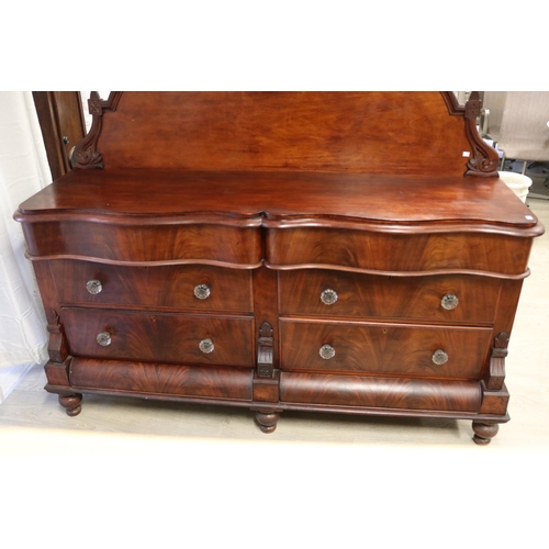 866 - Antique English flambe mahogany Lancashire dresser. Serpentine top drawer fronts, over long drawers ... 