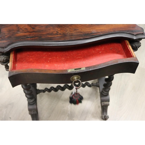 872 - Antique English rosewood mid 19th century work table, fitted with a single drawer