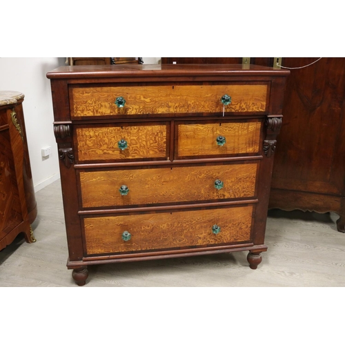 881 - Antique five drawer chest of drawers, rosewood cross banded drawer fronts with panels of Hungarian A... 