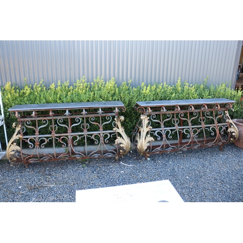 7 - Pair of French marble topped wrought iron consoles, each approx 86cm H x 168cm W (2)