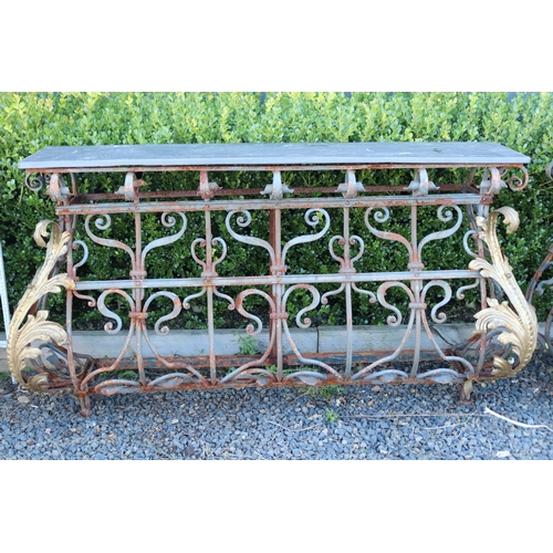 7 - Pair of French marble topped wrought iron consoles, each approx 86cm H x 168cm W (2)