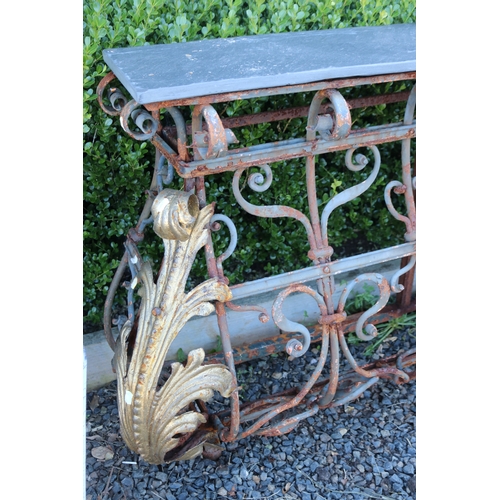 7 - Pair of French marble topped wrought iron consoles, each approx 86cm H x 168cm W (2)