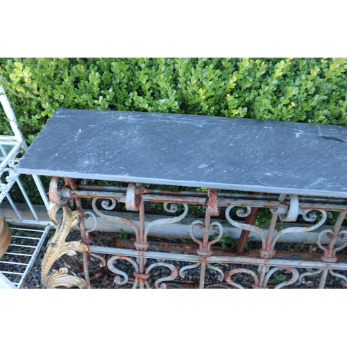 7 - Pair of French marble topped wrought iron consoles, each approx 86cm H x 168cm W (2)