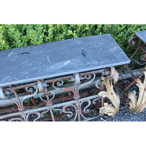 7 - Pair of French marble topped wrought iron consoles, each approx 86cm H x 168cm W (2)