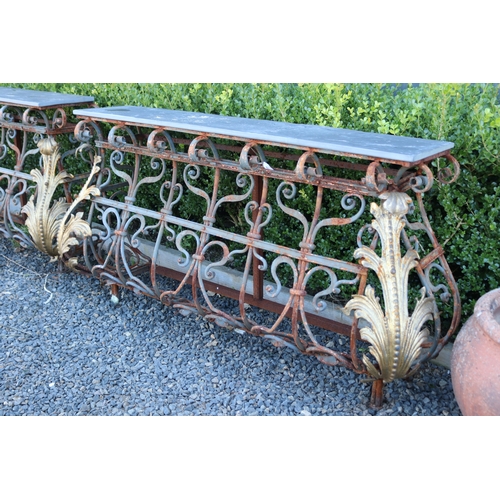 7 - Pair of French marble topped wrought iron consoles, each approx 86cm H x 168cm W (2)