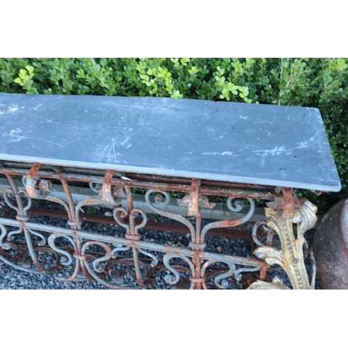 7 - Pair of French marble topped wrought iron consoles, each approx 86cm H x 168cm W (2)