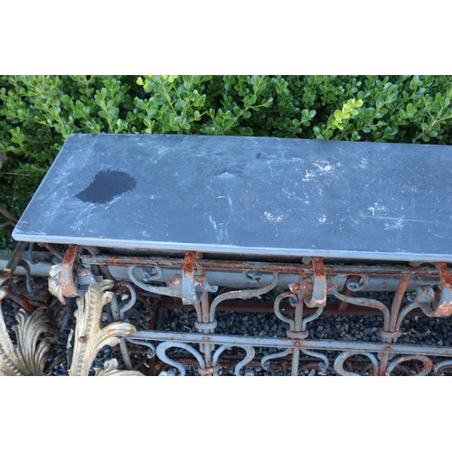 7 - Pair of French marble topped wrought iron consoles, each approx 86cm H x 168cm W (2)