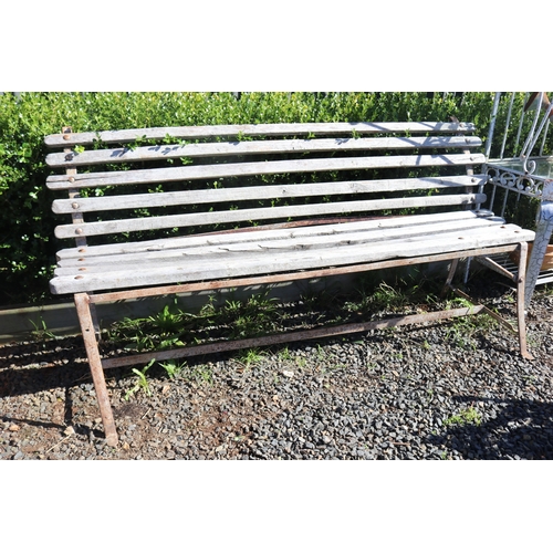 23 - Rustic garden bench with wooden slats and flat bar iron frame, approx 196cm W