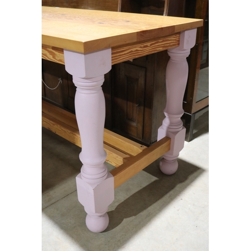 368 - Large turned leg standing height kitchen center table, with pink painted legs, thick slab top, appro... 