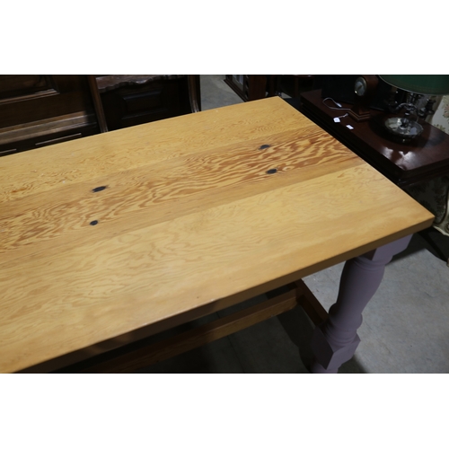 368 - Large turned leg standing height kitchen center table, with pink painted legs, thick slab top, appro... 