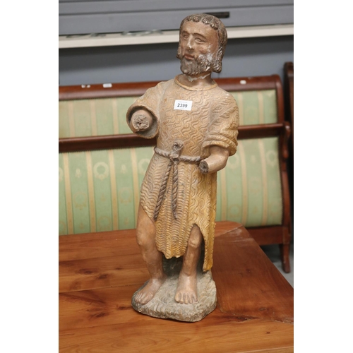 371 - Early Antique French carved and painted lime stone Saint figure, approx 65cm H