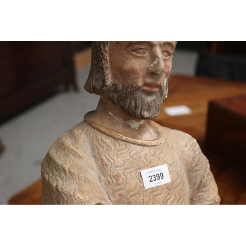 371 - Early Antique French carved and painted lime stone Saint figure, approx 65cm H