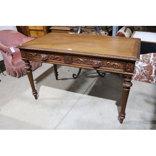 458 - Antique French Henri II oak two drawer desk, standing on turned fluted legs, approx 77cm H x 128cm W... 