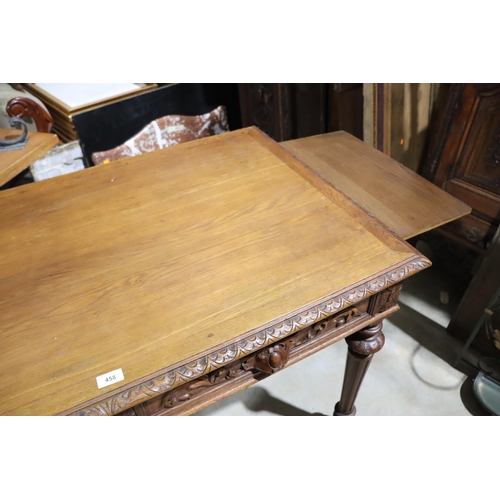 458 - Antique French Henri II oak two drawer desk, standing on turned fluted legs, approx 77cm H x 128cm W... 