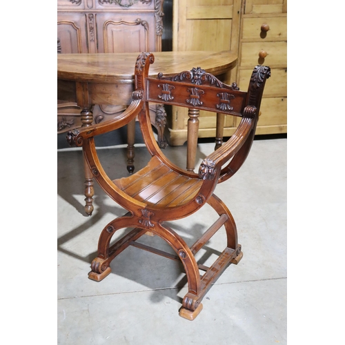 461 - Antique French or Italian walnut Savonarola X frame armchair