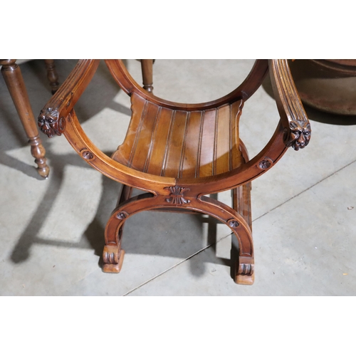 461 - Antique French or Italian walnut Savonarola X frame armchair