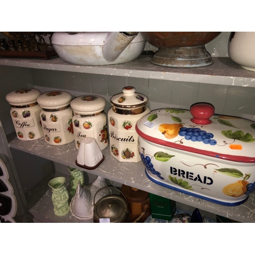 152 - Shelf lot of kitchen pottery