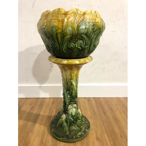 121 - Art Nouveau Majolica planter on stand, some damage, 83cm