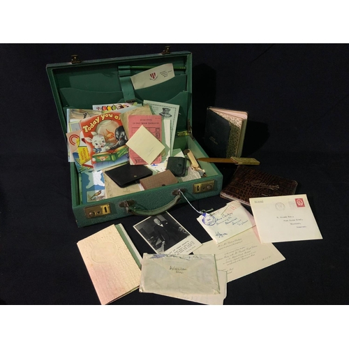 137 - Vintage case with various ephemera including a postcard of Winston Churchill