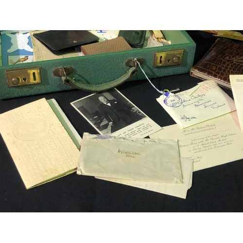 137 - Vintage case with various ephemera including a postcard of Winston Churchill