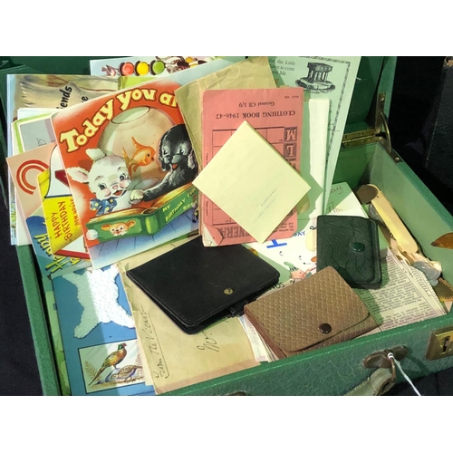 137 - Vintage case with various ephemera including a postcard of Winston Churchill