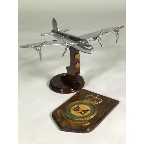 471 - Lancaster bomber model with military badges and RAF plaque