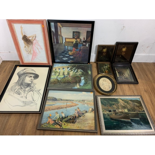 1066 - Quantity of vintage prints including 17th century interior scenes with a 19th century oval framed pi... 