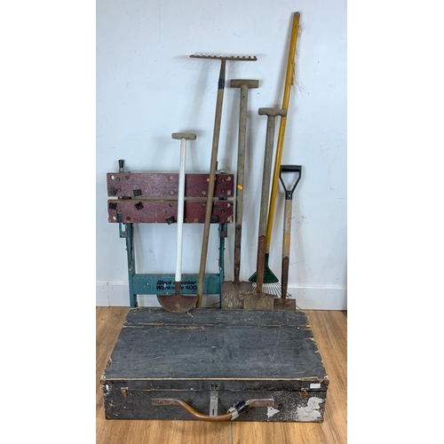4 - Sundry lot of garden tools, workmate and a large tool box