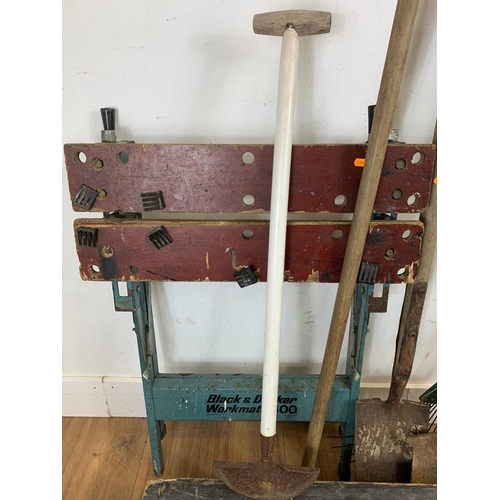 4 - Sundry lot of garden tools, workmate and a large tool box