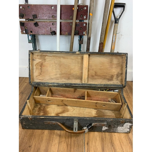 4 - Sundry lot of garden tools, workmate and a large tool box