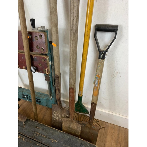 4 - Sundry lot of garden tools, workmate and a large tool box