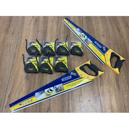 54 - 7 new tape measures with 2 new Draper saws