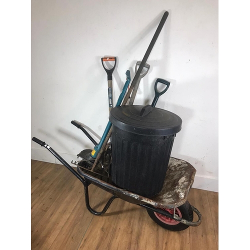 36 - Wheelbarrow, bin and garden tools