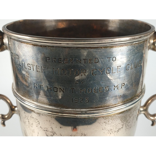 661 - Large silver trophy, presented to Ulster motorcycle club 1928. 709 grams cup only. Chester mark.  23... 