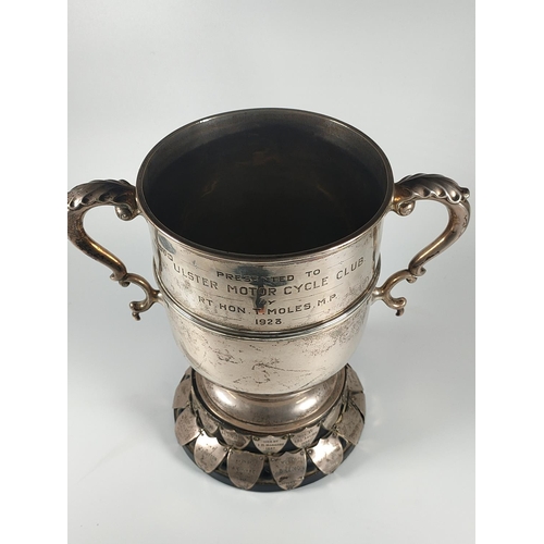 661 - Large silver trophy, presented to Ulster motorcycle club 1928. 709 grams cup only. Chester mark.  23... 