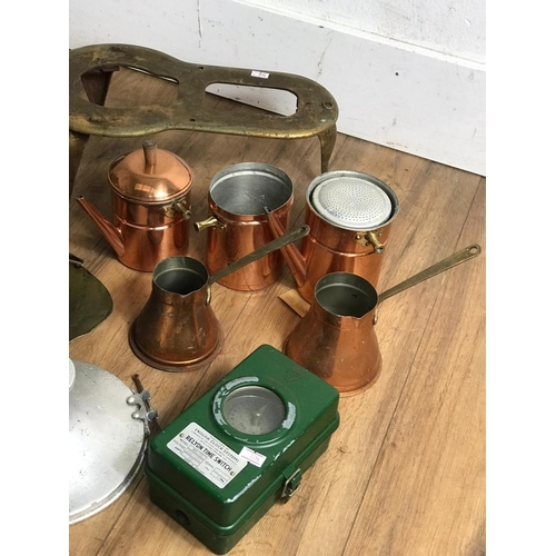 226 - Box of copper pots, brass trivet and a Relyon time switch