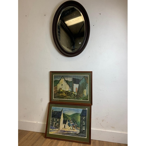 109 - Vintage oval bevelled mirror with 2 prints