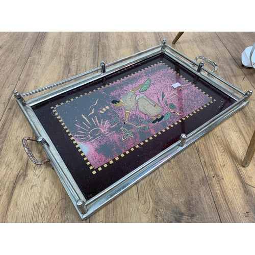 258A - Retro style lamp, 58cm and an oriental tray, 47x29cm