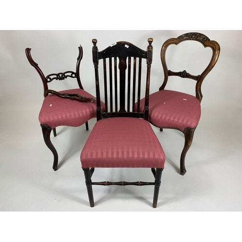 1063A - Edwardian chair and pair of Victorian balloon back chairs