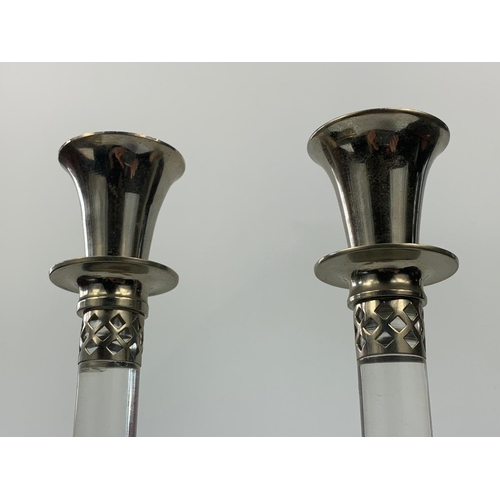 164 - Pair of EPNS and glass candlesticks, 30cm