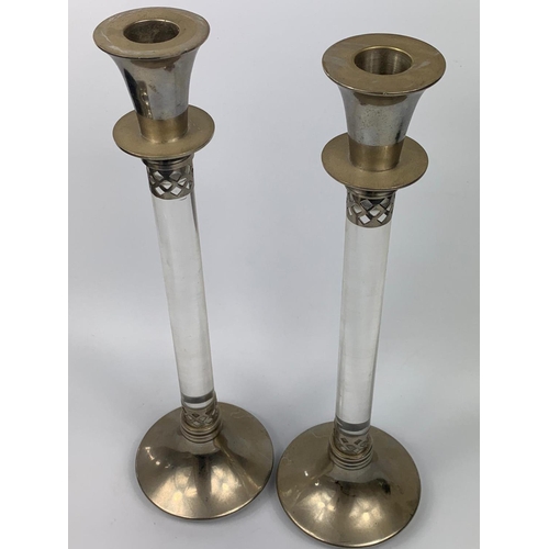 164 - Pair of EPNS and glass candlesticks, 30cm