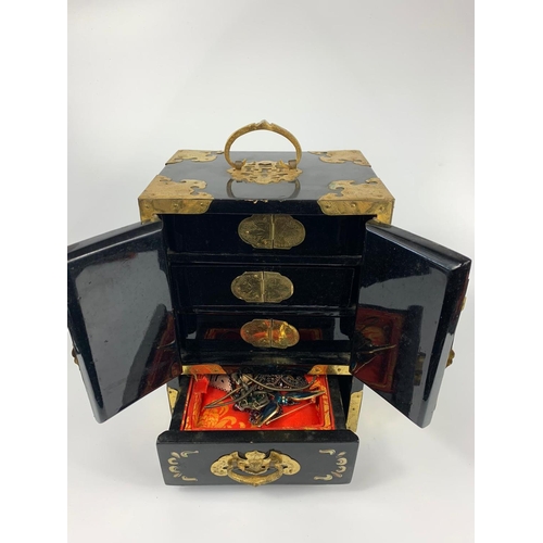 2 - Small oriental style brass bound jewellery cabinet, 16x12x21cm