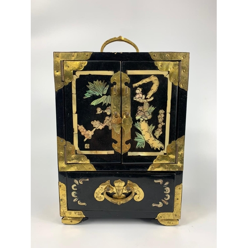 2 - Small oriental style brass bound jewellery cabinet, 16x12x21cm