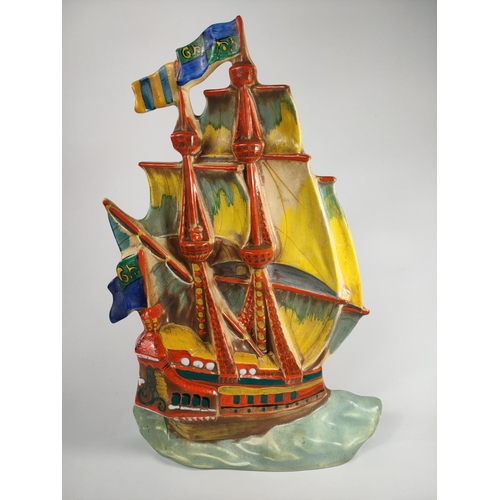 175 - Hand painted pottery ship ornament, 33cm