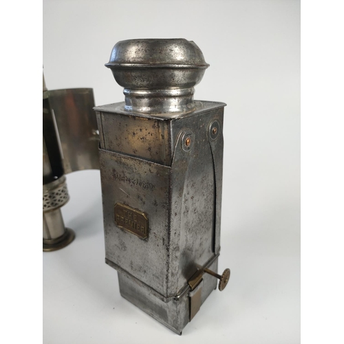 180 - Brass wall oil lamp, early 20th century lantern and brass candle lamp