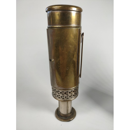 180 - Brass wall oil lamp, early 20th century lantern and brass candle lamp